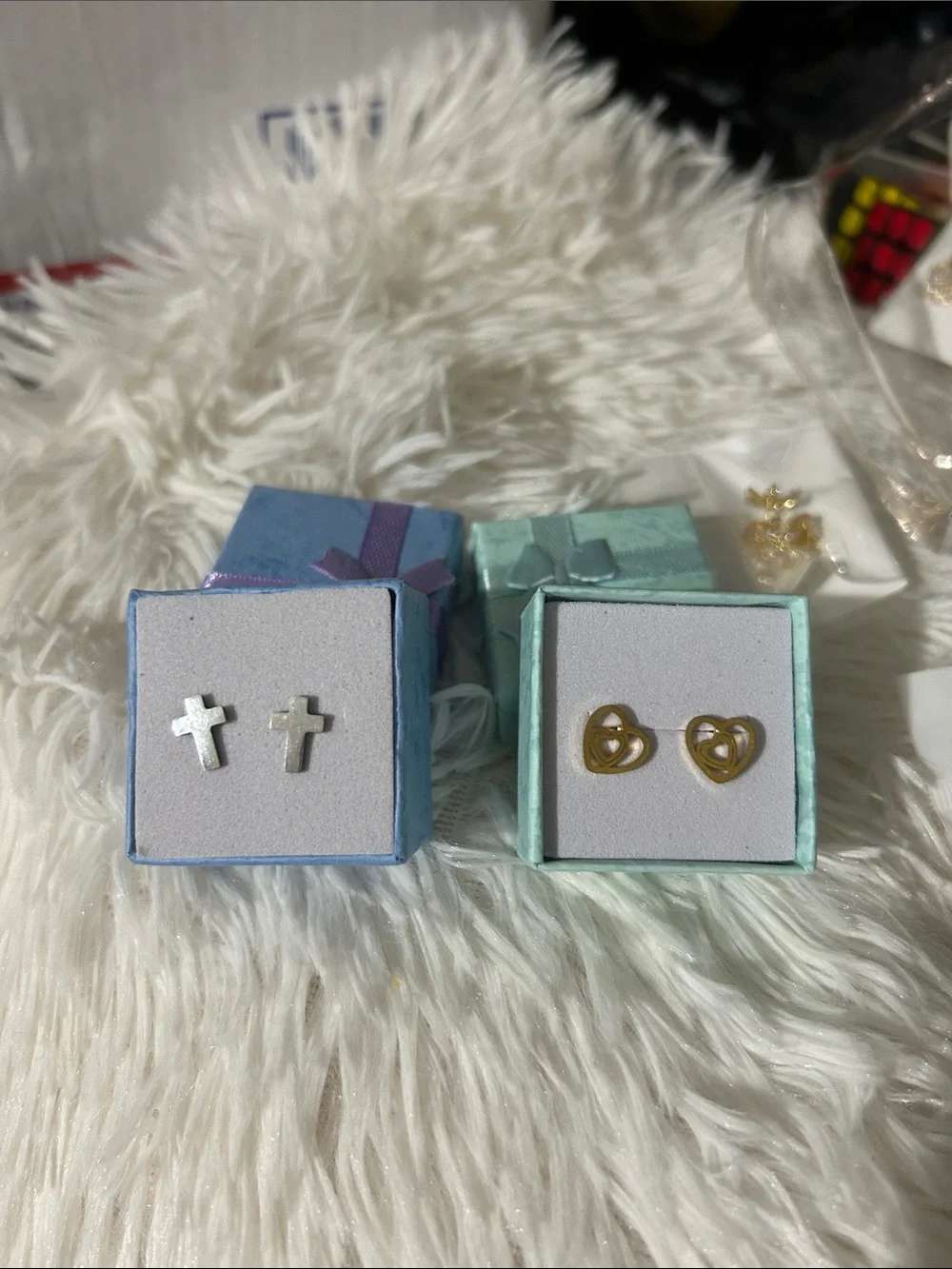 Kids Gold Heart and Silver Cross Stud Earrings Set